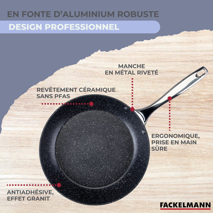 Set poêle 20 cm fonte alu revêtement antiadhésif céramique sans PFAS et 6 ustensiles inox Fackelmann Crossroad
