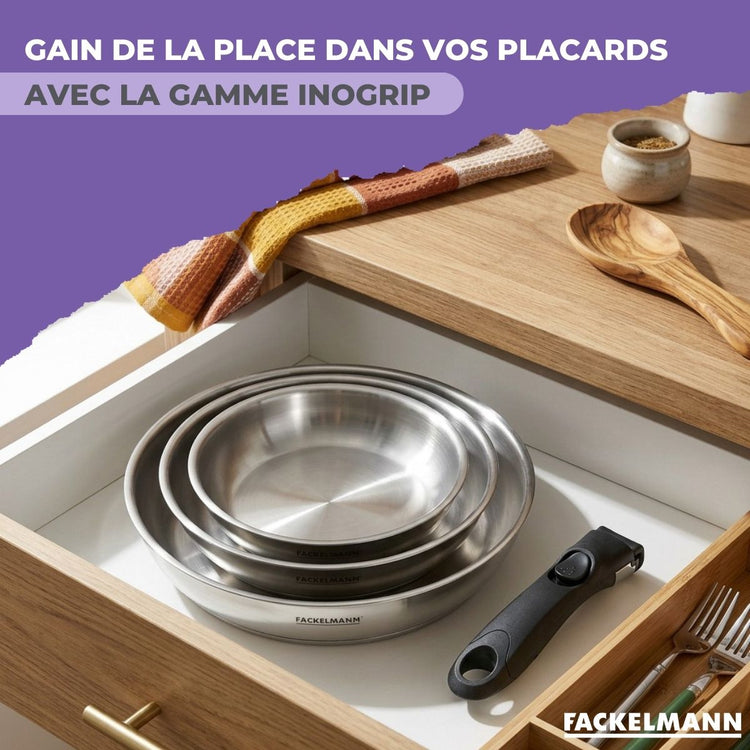 Lot de 2 poêles en inox de 24 cm et 28 cm avec manche amovible Fackelmann InoGrip