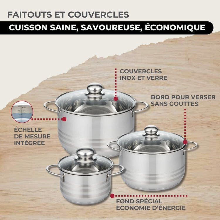 Set 1 poêle 28 cm en inox, 3 faitouts inox 16, 20 et 24 cm et 6 ustensiles RPET Fackelmann Eterna