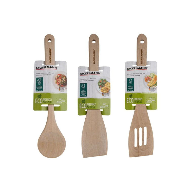 Lot de 3 ustensiles de cuisine en bois dont 2 spatules et une cuillère Fackelmann Nature