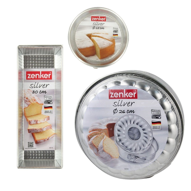 Ensemble de 3 moules à gâteaux avec moule à cakes + moule manqué + moule à manqué et savarin Zenker Silver