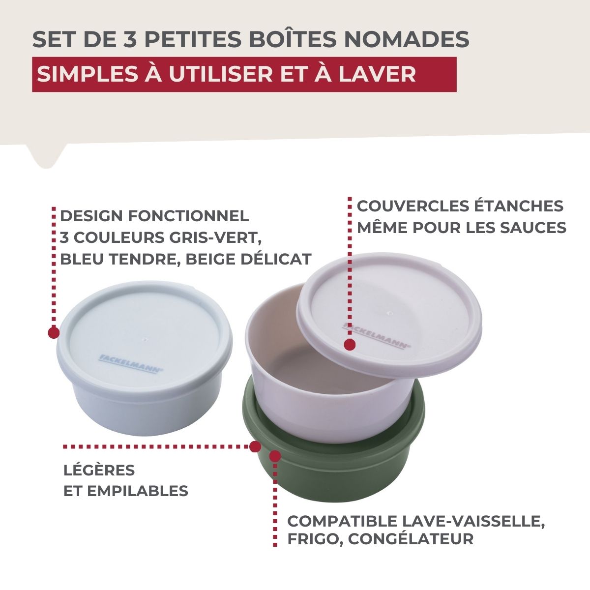 Set de 3 boîtes rondes à sauce ou épices Fackelmann Storage
