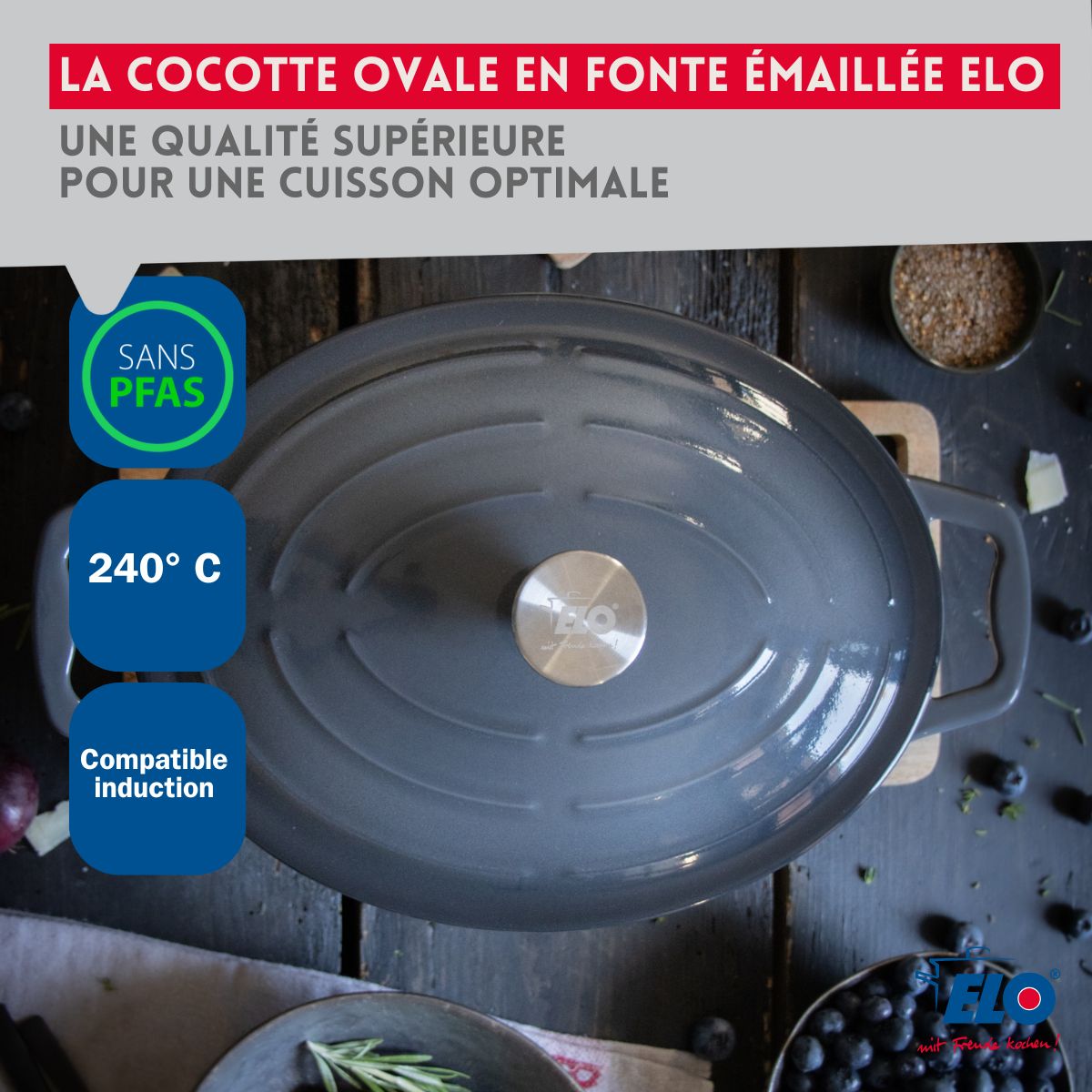 Cocotte en fonte émaillée gris classique 33 cm 5 L Elo