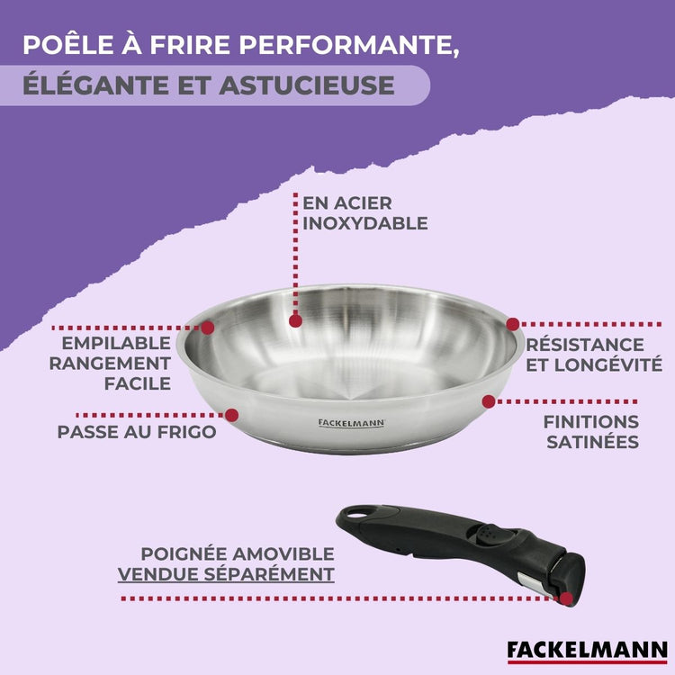 Lot de 2 poêles en inox de 24 cm et 28 cm avec manche amovible Fackelmann InoGrip