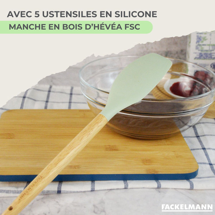 Batterie de cuisine avec 3 faitouts 16/20/24 cm et 2 poêles 20/28 cm et 5 ustensiles de cuisine sans PFAS Fackelmann Etherna Brillant Fenix Océan