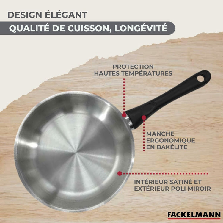 Set 2 poêles 24 28 cm avec couvercle, 3 faitouts 16, 20 et 24 cm en inox et 5 ustensiles Fackelmann Geneva