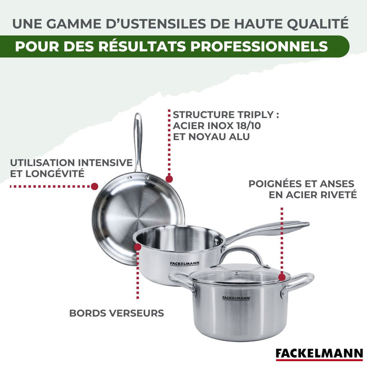 Batterie de cuisine 2 poêles 24/28 cm et couvercles 2 casseroles 14/18 cm 1 faitout 20 cm Fackelmann Vita3