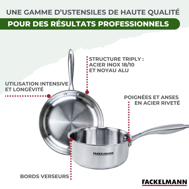 Poêles à Frire 24 et 28 cm, Casseroles 14 et 18 cm, Wok 28 cm inox 18/10 Triply et 2 couvercles Fackelmann Vita3