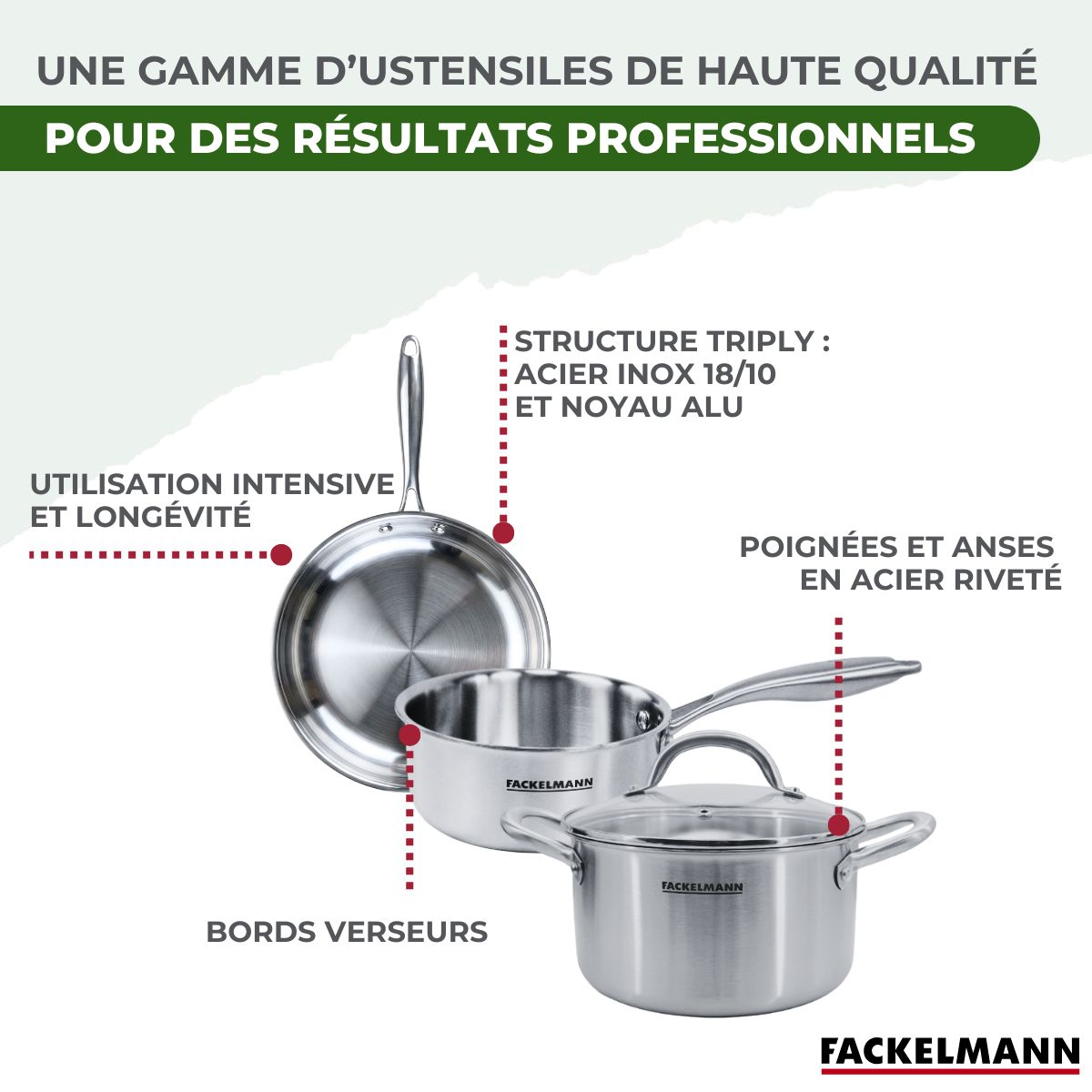 Batterie de cuisine avec 3 poêles 20/24/26 cm 2 casseroles 14/18 cm et 2 faitouts 20/24 cm sans PFAS Fackelmann Vita3