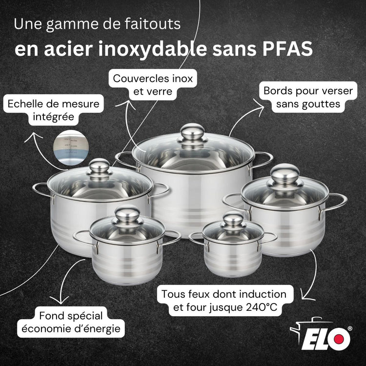 Batterie de cuisine avec 1 poêle de cuisson 32 cm et 1 faitout 20 cm en acier inoxydable sans PFAS Elo Collection Relief Solution Brillant