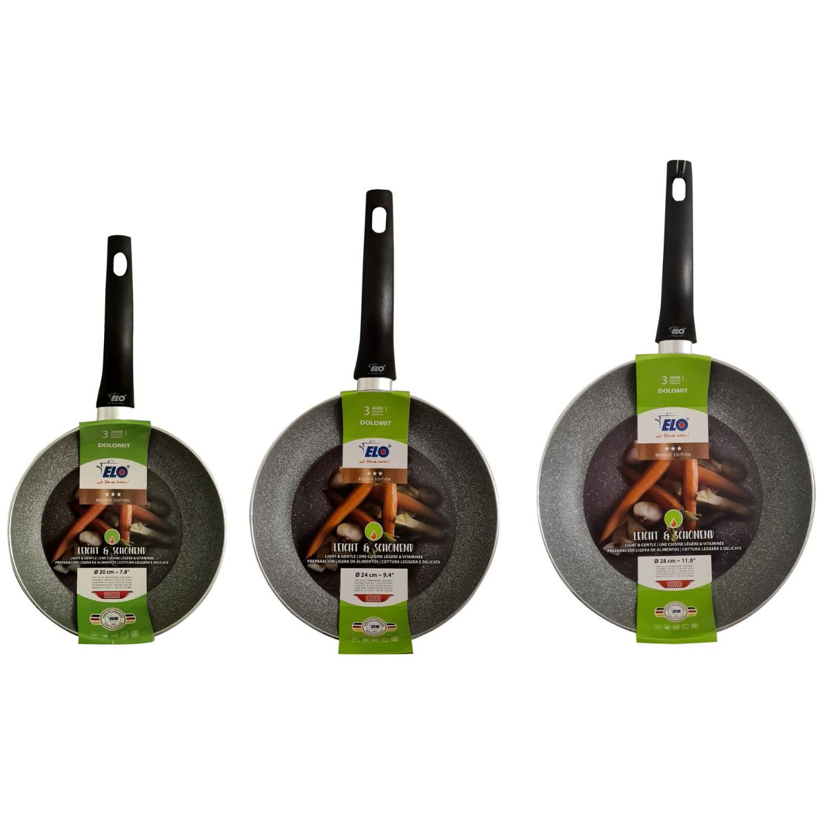 Set de 3 poêles à frire 20 cm + 24 cm + 28 cm Elo Dolomit