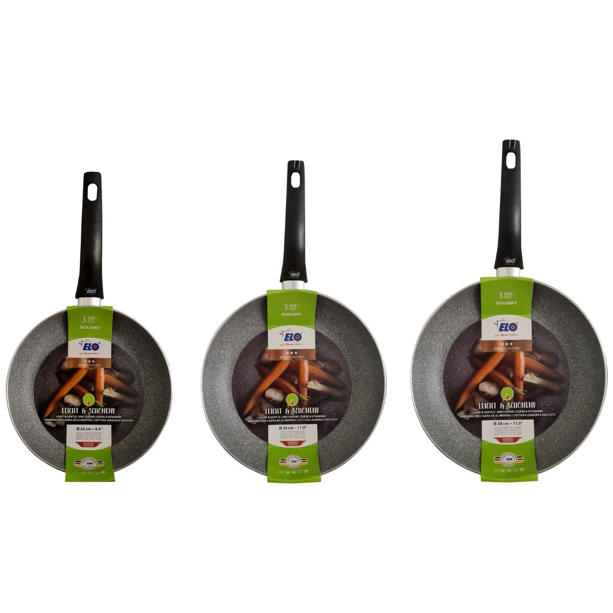 Set de 3 poêles à frire 24 cm + 28 cm + 32 cm Elo Dolomit