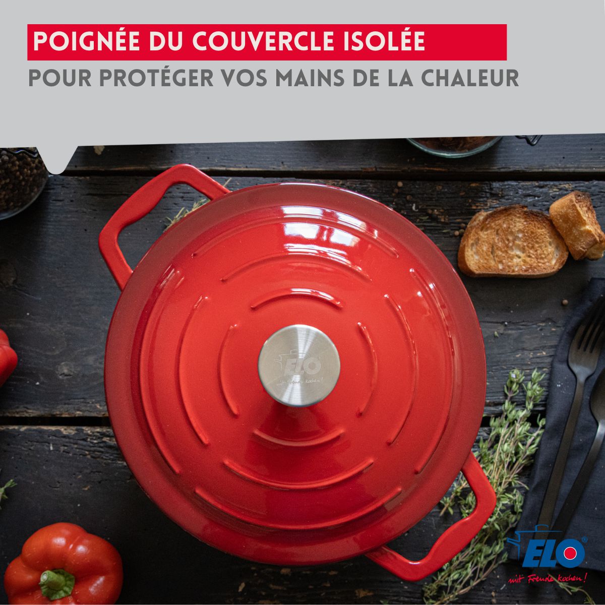 Cocotte en fonte émaillée basse rouge cerise 28 cm 3L Elo