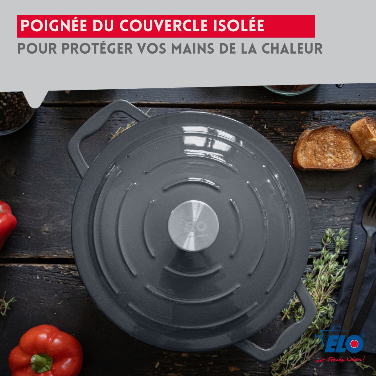 Cocotte en fonte émaillée basse gris classique 28 cm 3L Elo