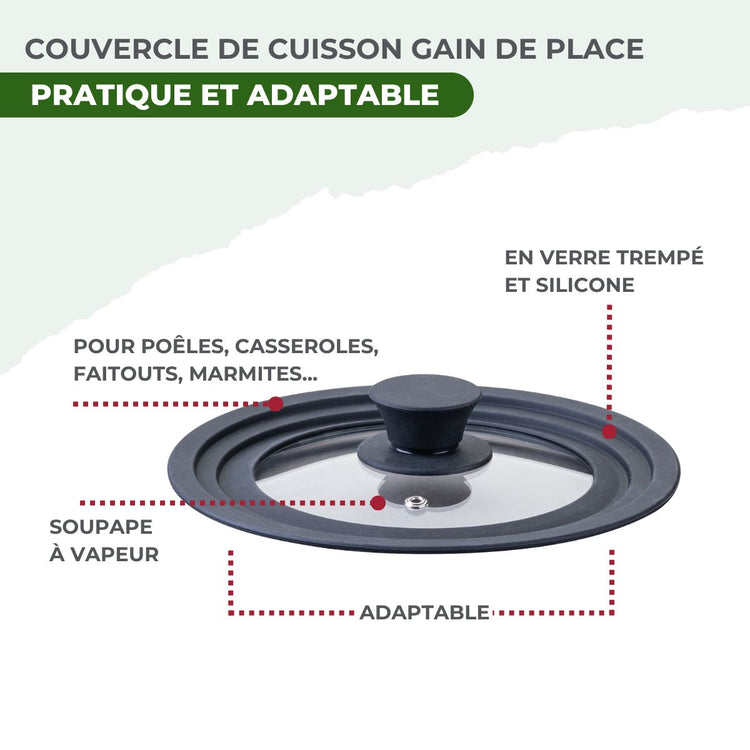 Batterie de cuisine avec 2 poêles 20/26 cm et 2 casseroles 14/18 cm avec 1 couvercle de cuisson universel sans PFAS Fackelmann Vita3