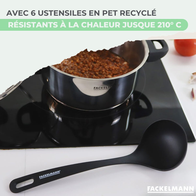 Set de 2 poêles 20 et 24 cm, 3 casseroles antiadhésives céramique 16, 18 et 20 cm et 6 ustensiles Fackelmann Brandao