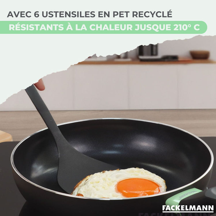 Set de 2 poêles 28 et 30 cm et 3 casseroles 16, 18 et 20 cm antiadhésives céramique et 6 ustensiles Fackelmann Brandao