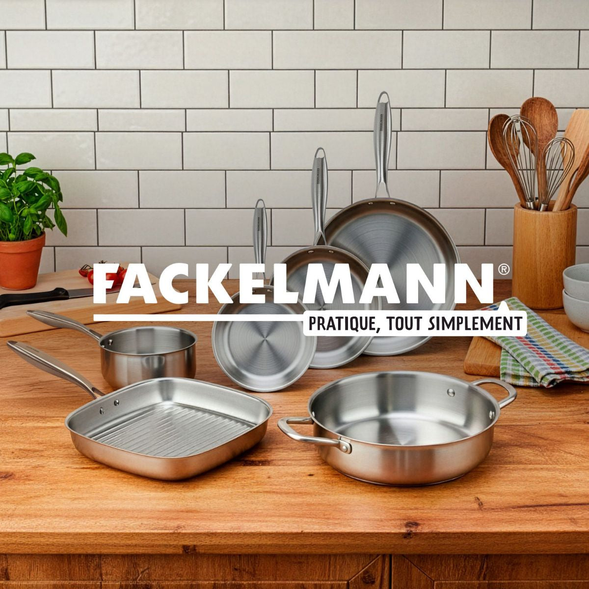 Batterie de cuisine avec 4 poêles 20/24/26/28 cm et 2 casseroles 14/18 cm avec 1 couvercle de cuisson universel sans PFAS Fackelmann Vita3