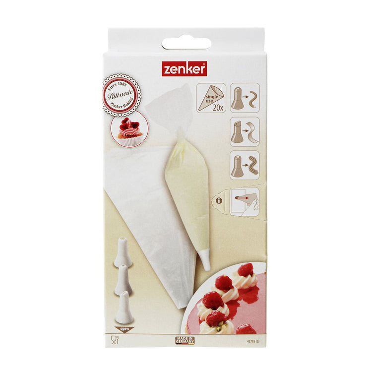Lot de 20 poches à douille jetables et 3 embouts plastique réutilisables Zenker