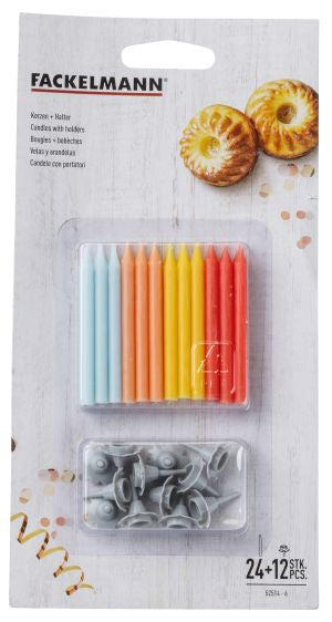 Lot de 24 bougies d'anniversaire et 12 bobèches Fackelmann Rio Party