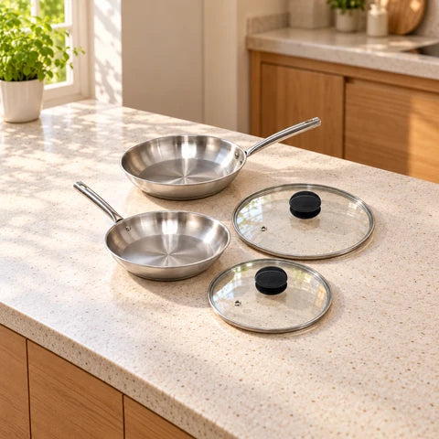 Lot de 2 poêles à frire inox 24/28 cm et 2 couvercles en verre Fackelmann Rhona