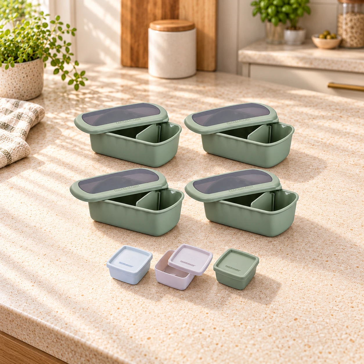 Lot de 4 lunch box 1L avec 3 boites à sauce Fackelmann Storage
