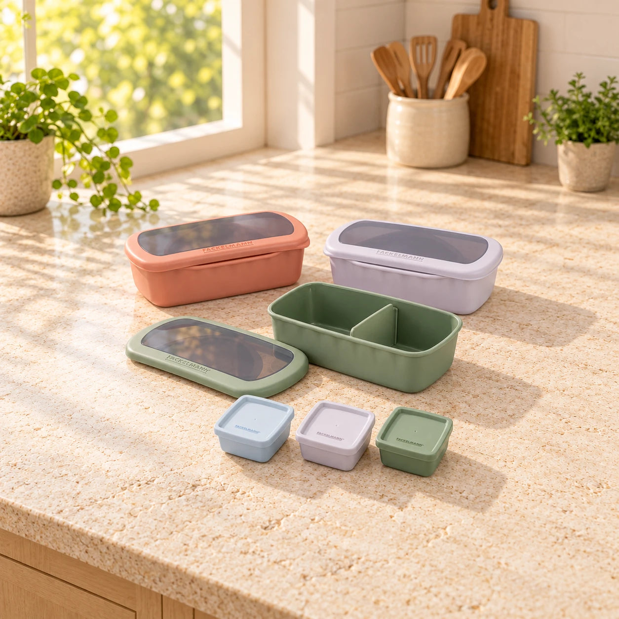 Lot de 3 lunch box 1L avec 3 boites à sauce Fackelmann Storage