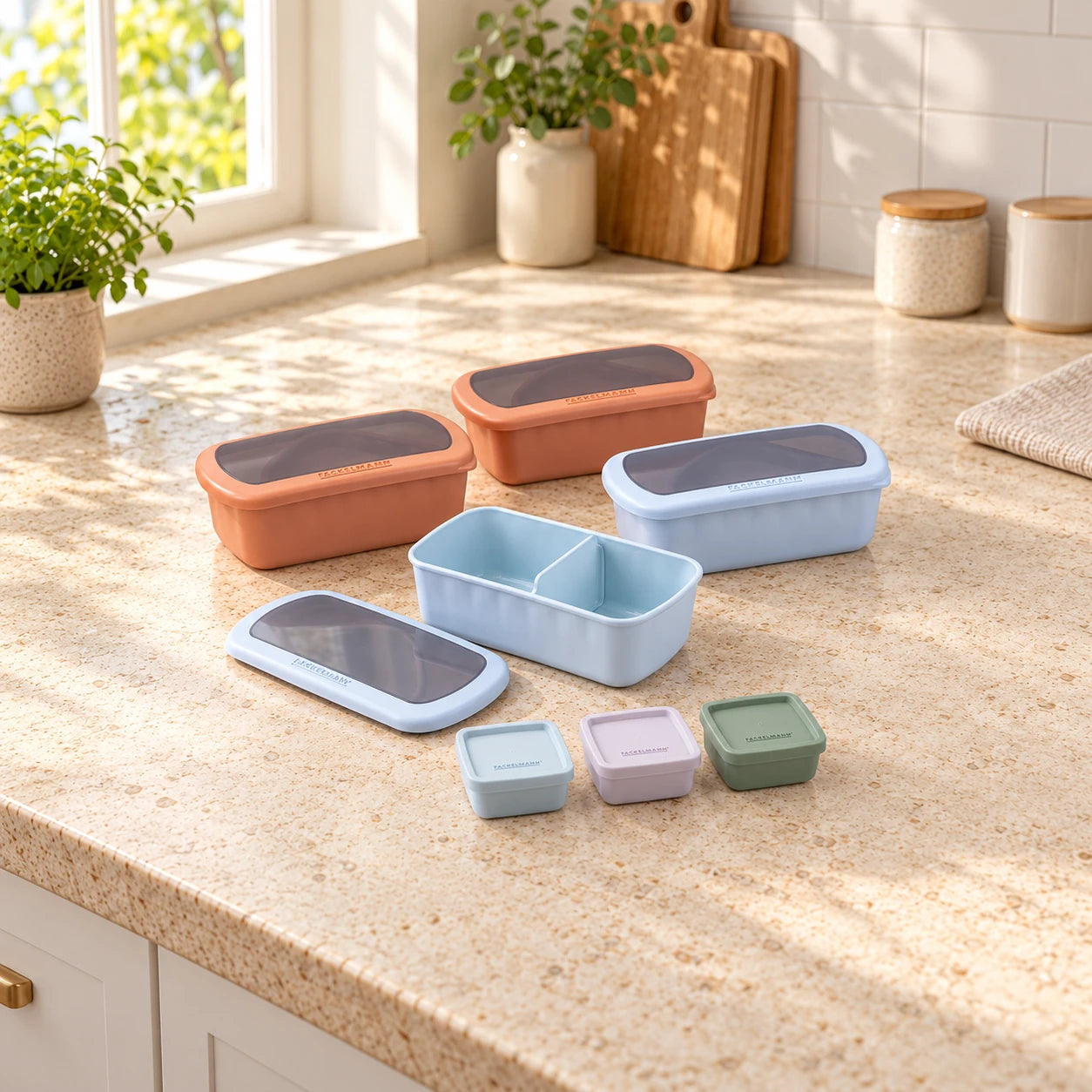 Lot de 4 lunchbox 1L avec 3 boites à sauce Fackelmann Storage
