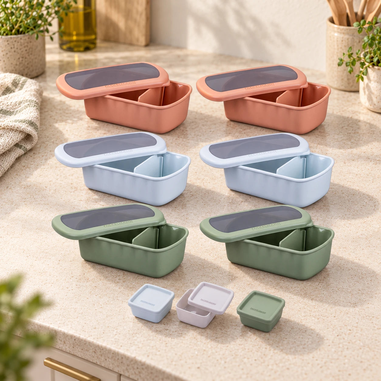 Lot de 6 lunch box 1L avec 3 boites à sauce Fackelmann Storage