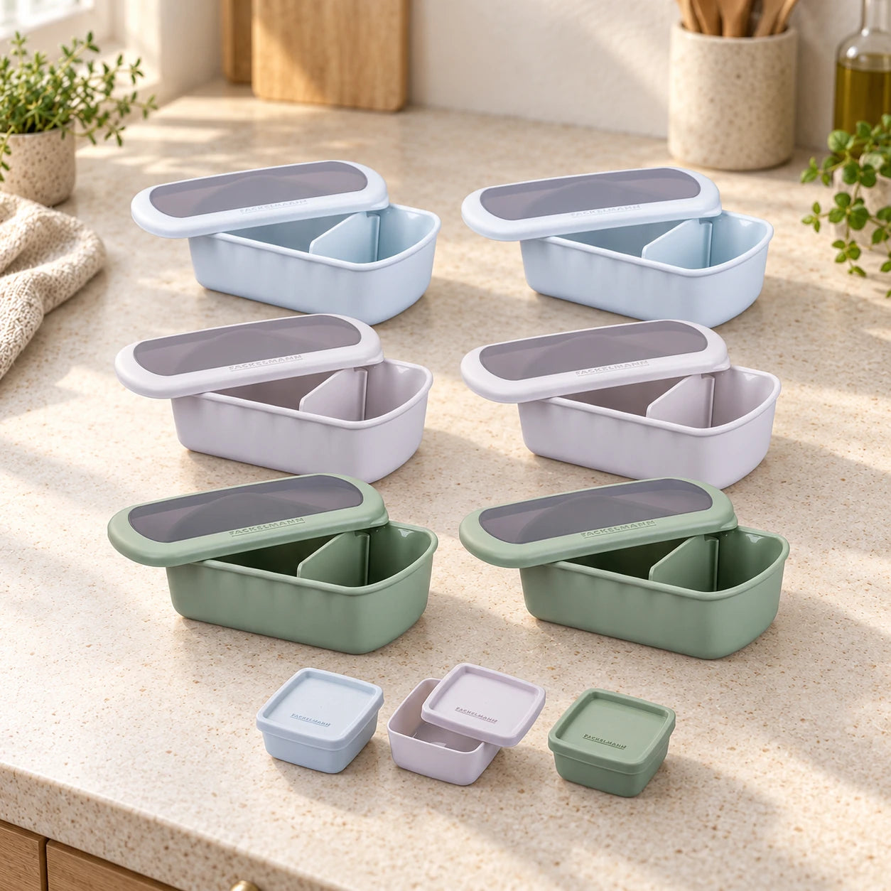 Lot de 6 lunch box 1L avec 3 boites à sauce Fackelmann Storage